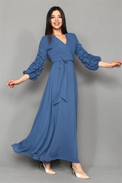 Mavi Kollari Büzgülü Uzun Şifon Elbise
