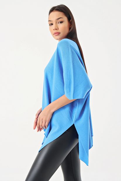 Blue Bat Sleeve V Neck Knitted Sweater