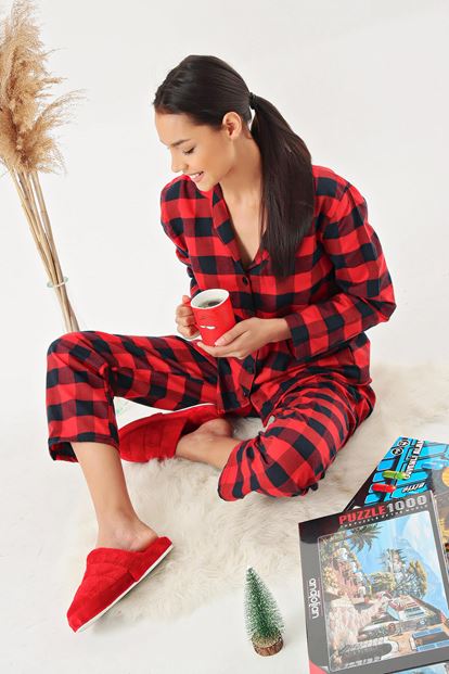 Kırmızı Ekose Desenli Pijama Takımı