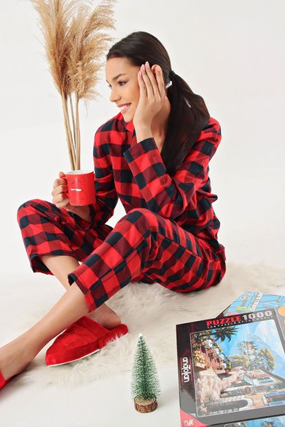 Kırmızı Ekose Desenli Pijama Takımı