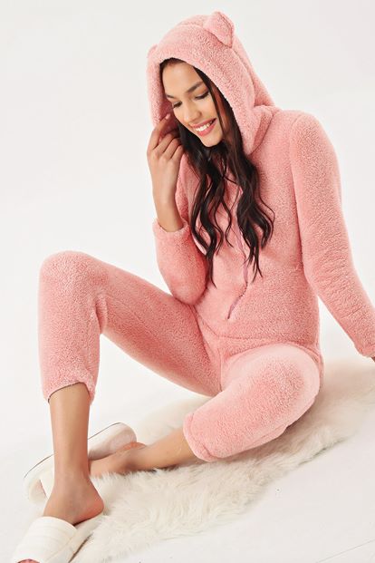 Pembe Fermuarlı Peluş Tulum