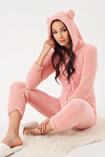 Pembe Fermuarlı Peluş Tulum