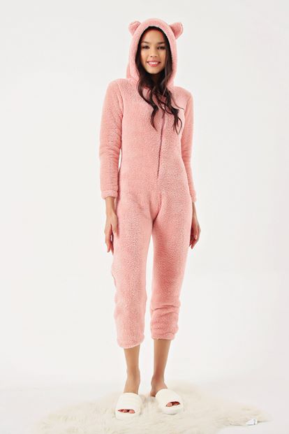 Pembe Fermuarlı Peluş Tulum