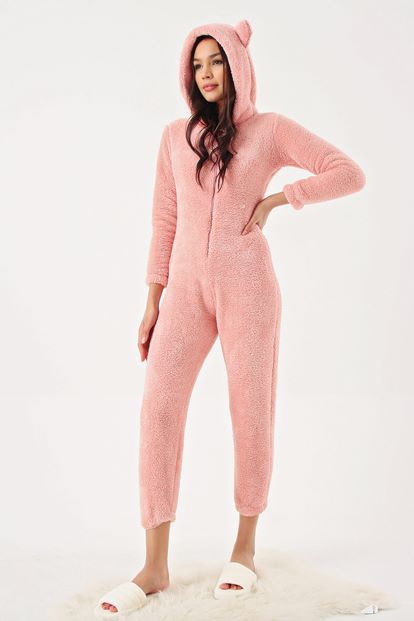 Pembe Fermuarlı Peluş Tulum