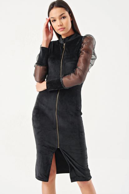 Handles Black Velvet Gown Tulle Front zippered
