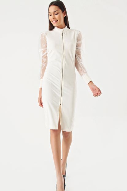 White Handles Front Zipper Tulle Velvet Dress