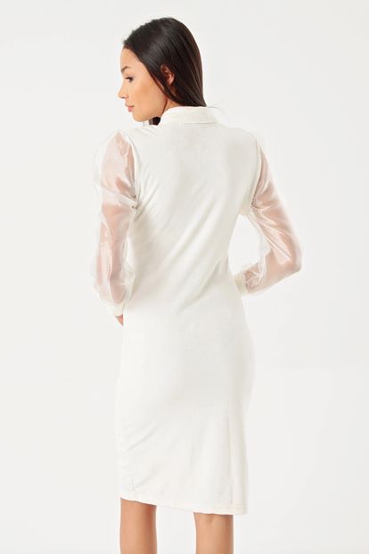 White Handles Front Zipper Tulle Velvet Dress