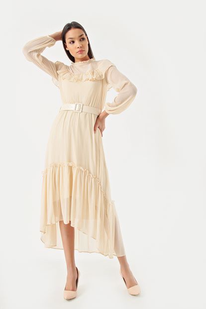 Krem Kemerli Şifon Elbise