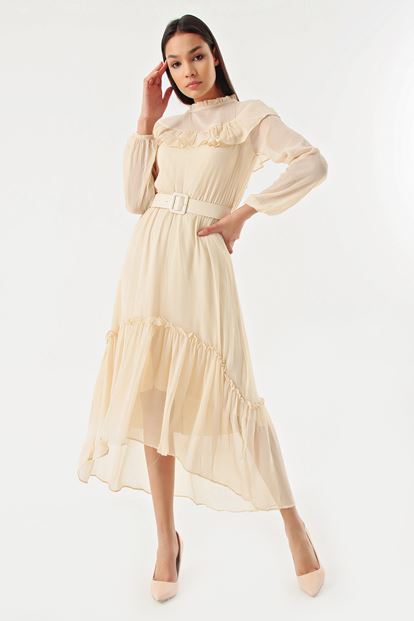 Krem Kemerli Şifon Elbise