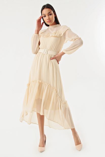 Krem Kemerli Şifon Elbise
