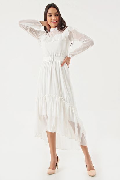 Beyaz Kemerli Şifon Elbise