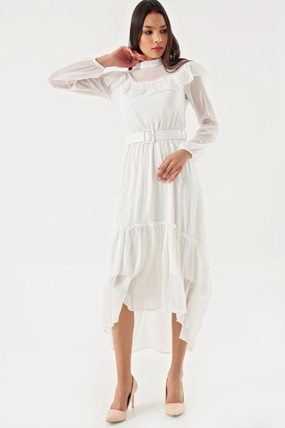 Beyaz Kemerli Şifon Elbise