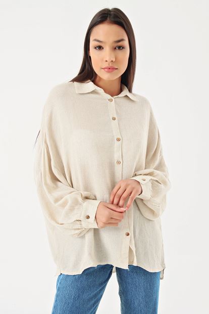 Beige low shoulder long sleeve linen shirt