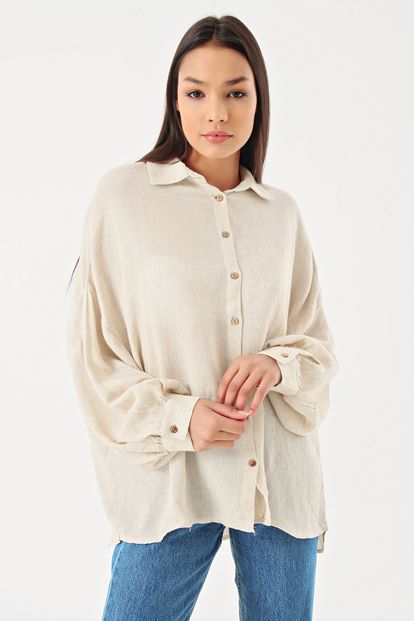 Beige low shoulder long sleeve linen shirt