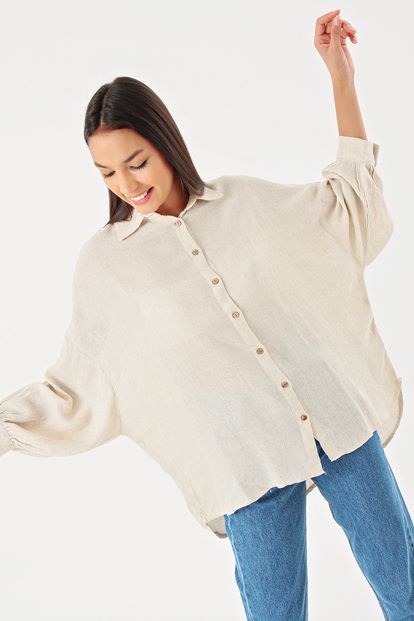 Beige low shoulder long sleeve linen shirt
