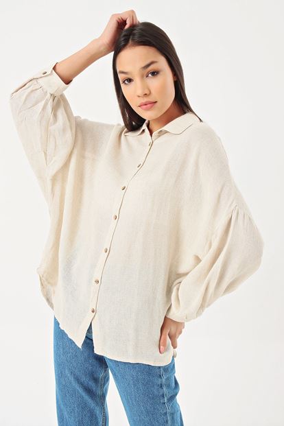 Beige low shoulder long sleeve linen shirt