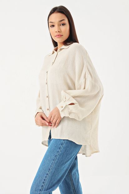 Beige low shoulder long sleeve linen shirt