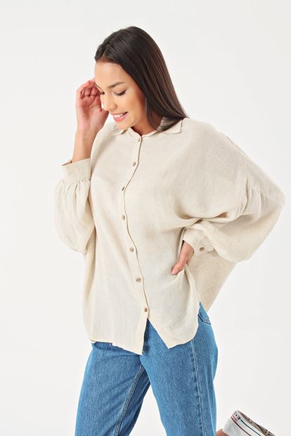 Beige low shoulder long sleeve linen shirt