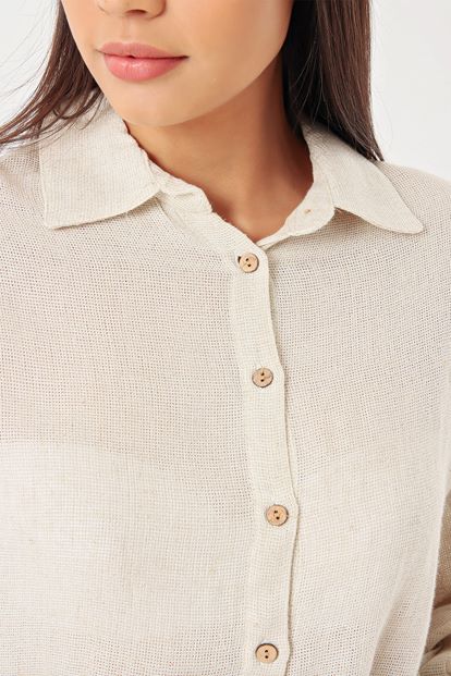 Beige low shoulder long sleeve linen shirt