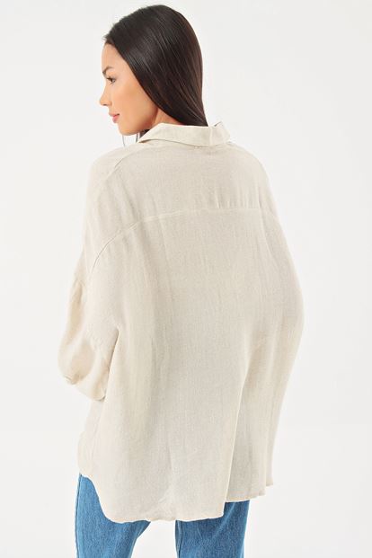 Beige low shoulder long sleeve linen shirt