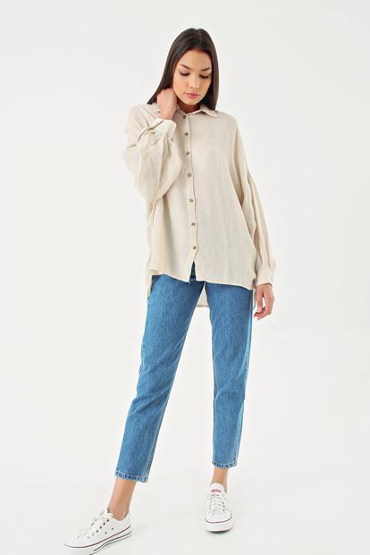 Beige low shoulder long sleeve linen shirt