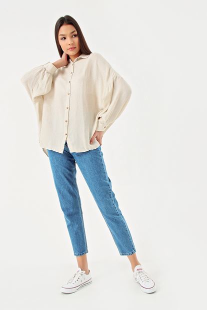 Beige low shoulder long sleeve linen shirt