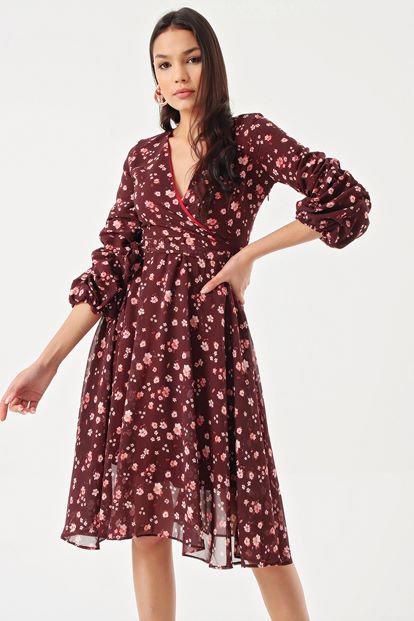Burgundy Flower Patterned Handles Shirred Kisa Chiffon Dress