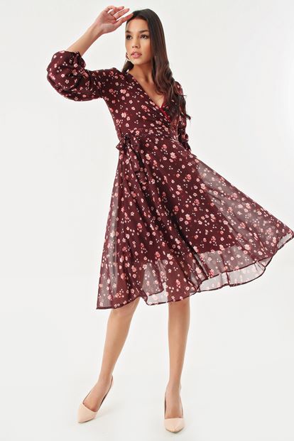 Burgundy Flower Patterned Handles Shirred Kisa Chiffon Dress
