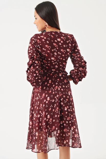 Burgundy Flower Patterned Handles Shirred Kisa Chiffon Dress