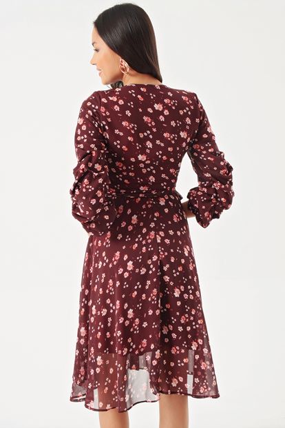 Burgundy Flower Patterned Handles Shirred Kisa Chiffon Dress