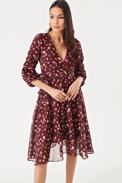 Burgundy Flower Patterned Handles Shirred Kisa Chiffon Dress