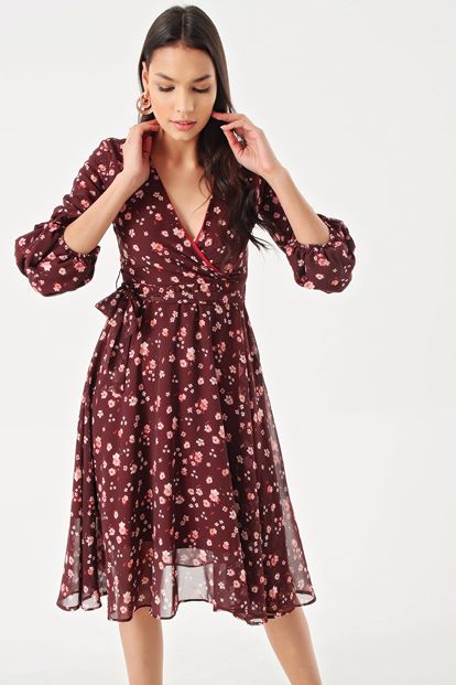 Burgundy Flower Patterned Handles Shirred Kisa Chiffon Dress