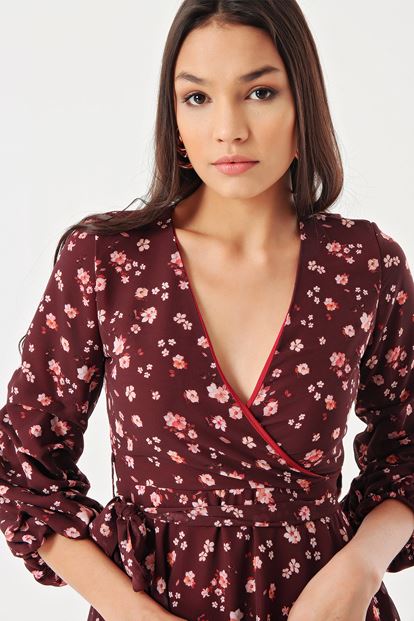 Burgundy Flower Patterned Handles Shirred Kisa Chiffon Dress