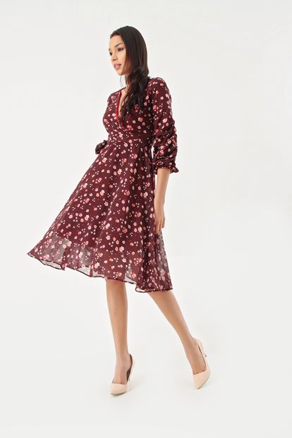 Burgundy Flower Patterned Handles Shirred Kisa Chiffon Dress