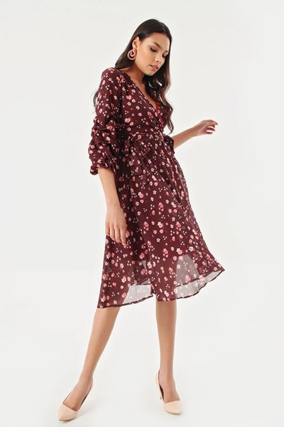 Burgundy Flower Patterned Handles Shirred Kisa Chiffon Dress