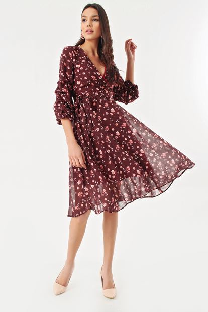 Burgundy Flower Patterned Handles Shirred Kisa Chiffon Dress