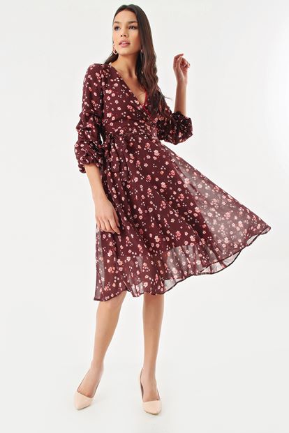 Burgundy Flower Patterned Handles Shirred Kisa Chiffon Dress