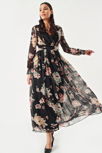 Siyah Çiçek Desenli Şifon Elbise