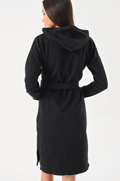Siyah Kemer Detayli Kapüsonlu Sweat Elbise