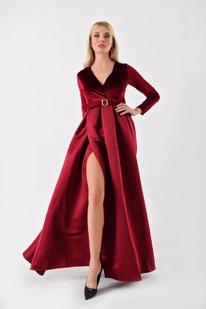 Bordo Üzeri Kadife Etegi Saten Yirtmaçli  Abiye Elbise
