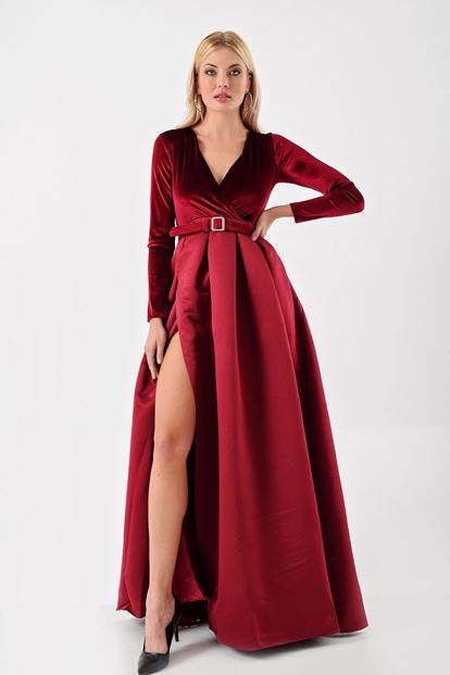 Bordo Üzeri Kadife Etegi Saten Yirtmaçli  Abiye Elbise