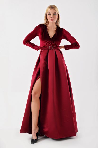 Bordo Üzeri Kadife Etegi Saten Yirtmaçli  Abiye Elbise