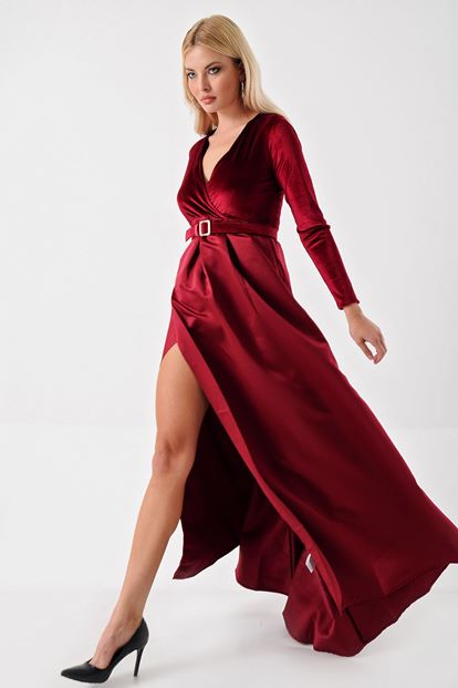Bordo Üzeri Kadife Etegi Saten Yirtmaçli  Abiye Elbise