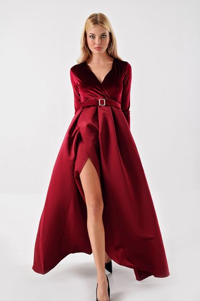 Bordo Üzeri Kadife Etegi Saten Yirtmaçli  Abiye Elbise