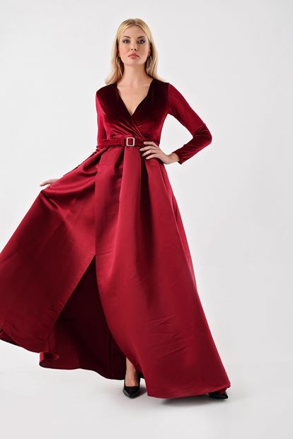 Bordo Üzeri Kadife Etegi Saten Yirtmaçli  Abiye Elbise