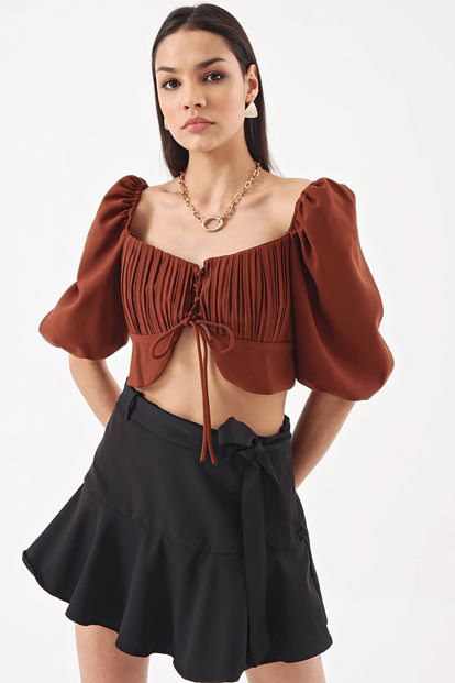 Brown ruffles Detail Bustier
