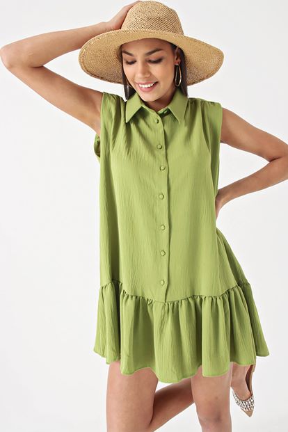 Yeşil Gömlek Yaka Volanli Elbise