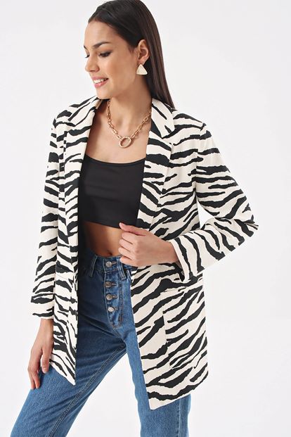 Siyah Zebra Desen Blazer Ceket