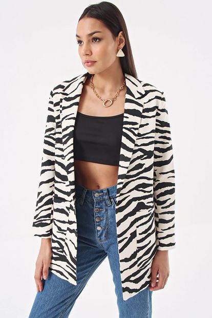 Siyah Zebra Desen Blazer Ceket