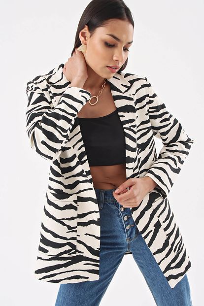 Siyah Zebra Desen Blazer Ceket